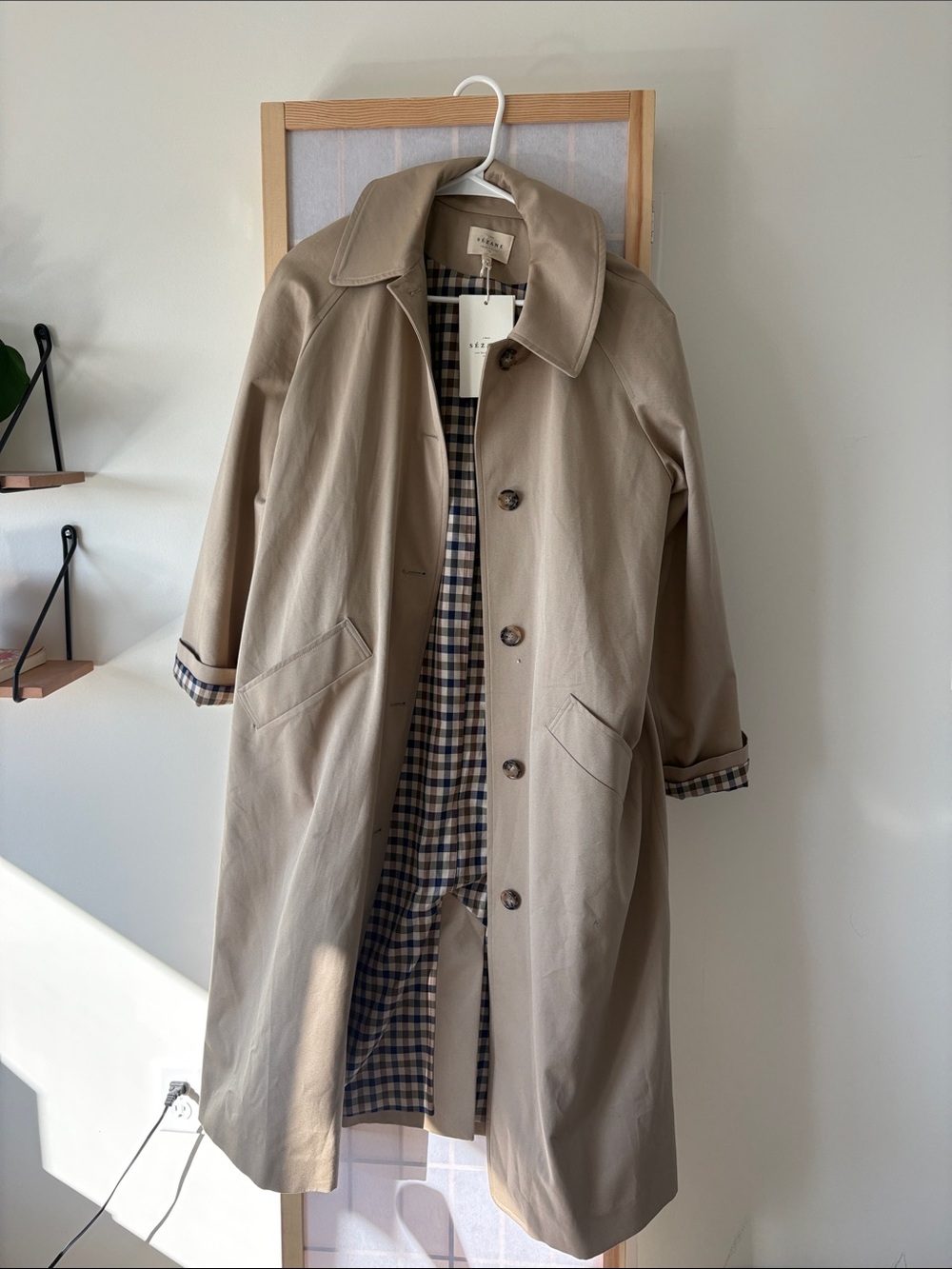Sezane Tan Trench Coat with Checked Lining